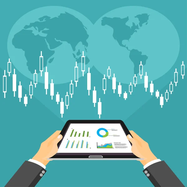 Concepto de inversión empresarial. Corredor de negocios analizando el mercado de valores en la tableta digital . — Vector de stock