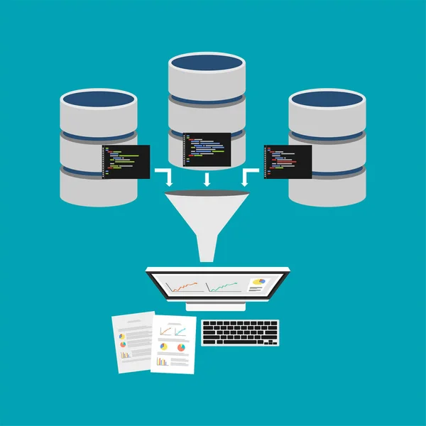 Concepto de minería de datos o procesamiento de inteligencia empresarial. Extraer información de la base de datos para la toma de decisiones . — Vector de stock