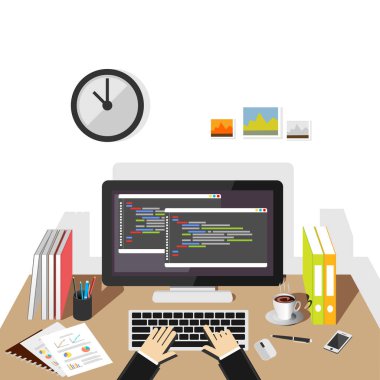 Bilgisayar programlama. Yazılım geliştirme veya kavramı kodlama.