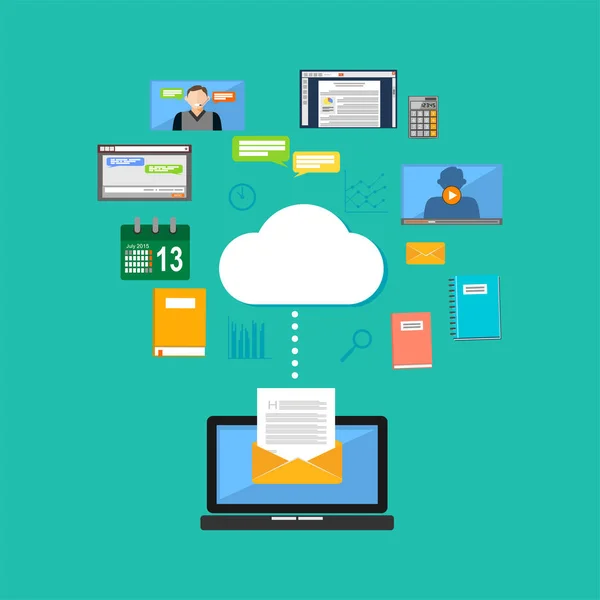 Csatlakozás a cloud computing koncepcióját. Hozzáférés a tartalom felhő. Multimédia, internetes tartalom. — Stock Vector