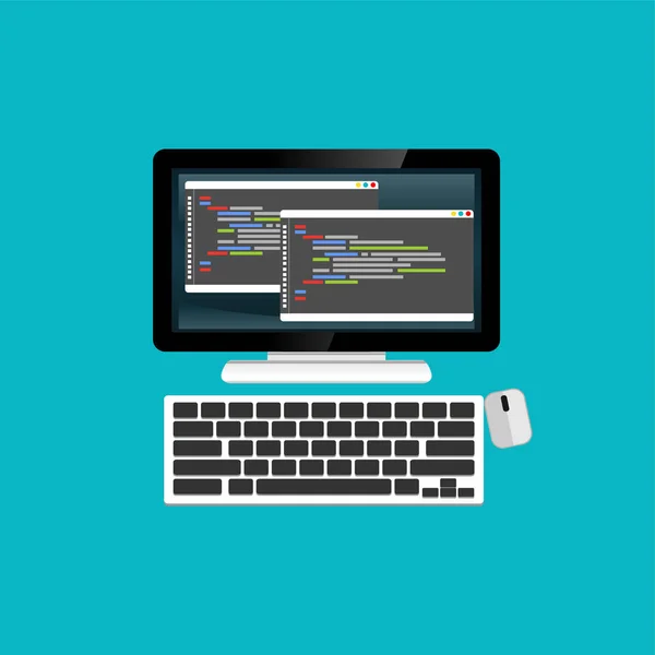 Programmering eller kodning på dator, webbutveckling, webbdesign. — Stock vektor