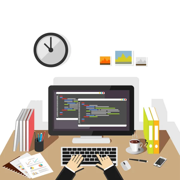 コンピューター上でのプログラミング。ソフトウェア開発やコンセプトをコーディング. — ストックベクタ