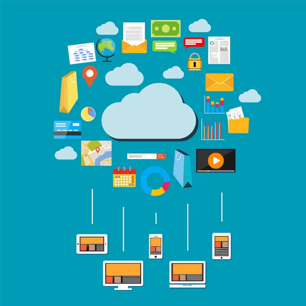 Almacenamiento de datos y datos en la nube. Los dispositivos se conectan al almacenamiento en la nube. Concepto de computación en nube . — Archivo Imágenes Vectoriales