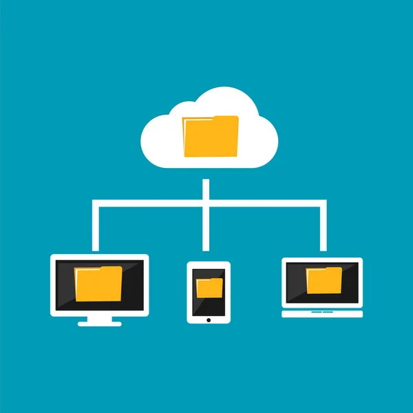 Het delen van bestanden. Cloud opslag concept. Apparaten verbinding maken met cloud computing. — Stockvector