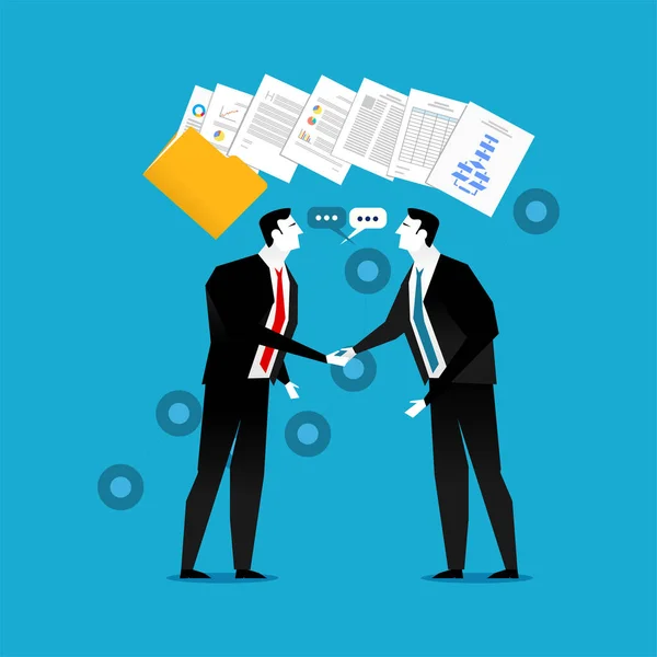 Forretningsmann håndhilser med illustrasjon av dokumentkontrakter. Partnerskap, avtale eller handel med foretak . – stockvektor