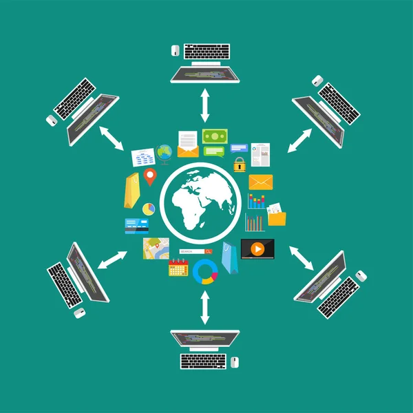 Partilha de ficheiros. Transferência de ficheiros. Rede. Conteúdo distribuído. Armazenamento em nuvem . — Vetor de Stock