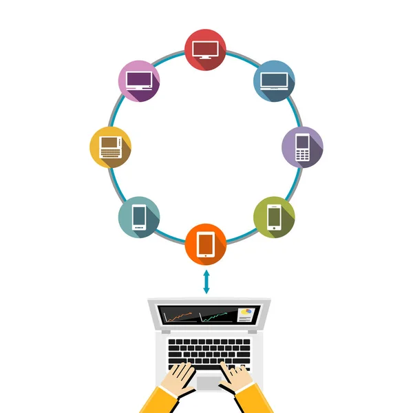 Conéctese a varios dispositivos informáticos. Compartir datos entre sí en una red en la nube . — Vector de stock