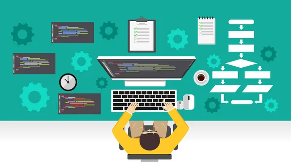ソフトウェア開発。プログラマは、コンピューターに取り組んでいます。プログラミング機構を採用. — ストックベクタ