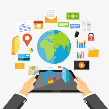 Mobil teknolojisi, Internet içerik ve mobil uygulama konsept illüstrasyon. Düz tasarım.