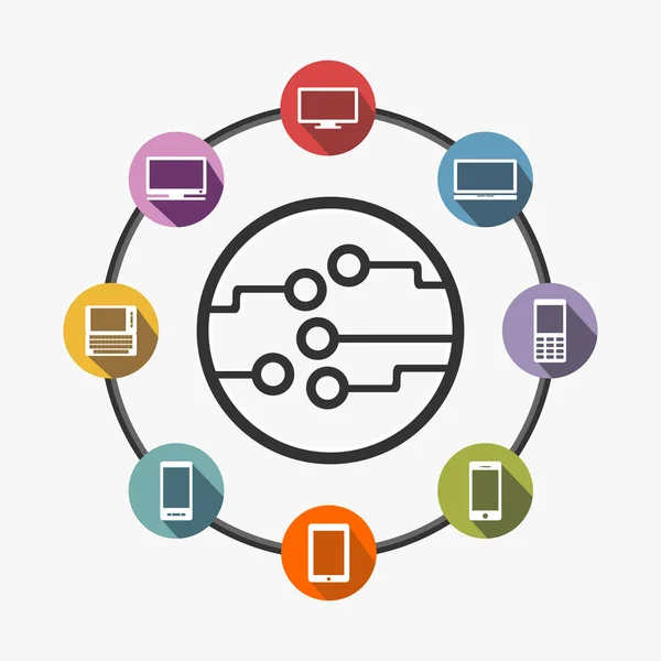 Sfondo astratto con cerchi integrati e icone per digitale, internet, rete, connettersi, comunicare, concetto di sistema distribuito. Concetto di connessione tecnologica . — Vettoriale Stock