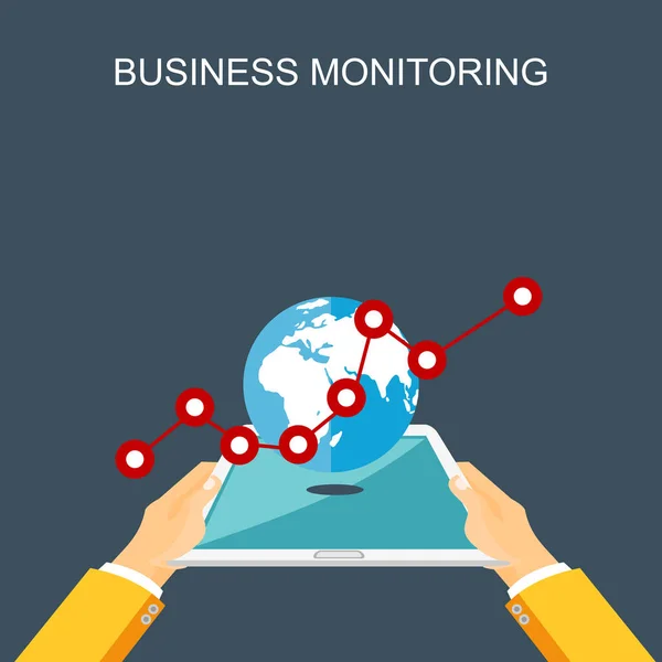 Illustration des Konzepts der Unternehmensüberwachung. Unternehmen und Statistik Illustration flache Designs. Geschäftswachstum und Statistik Analyse Konzept Illustration auf Gadget-Bildschirm. — Stockvektor