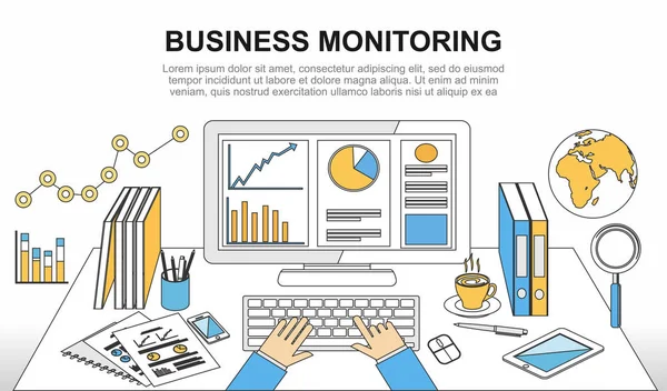 Monitoreo empresarial, analítica empresarial o ilustración del concepto de crecimiento empresarial. Ilustración de estilo de línea moderna . — Vector de stock