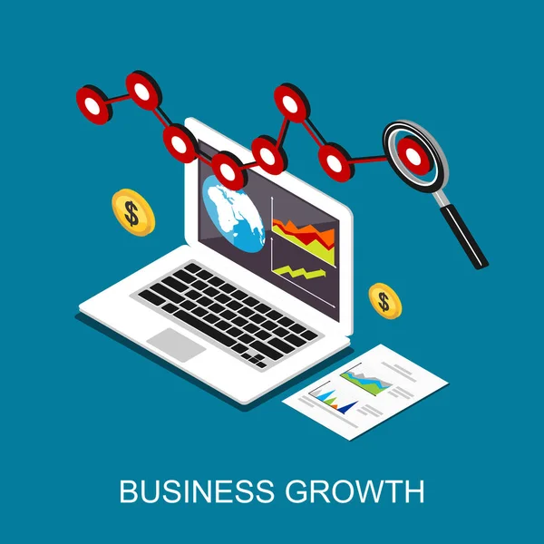 Crecimiento del negocio. Monitoreo de beneficios. Ilustración de concepto isométrico plano 3d . — Vector de stock