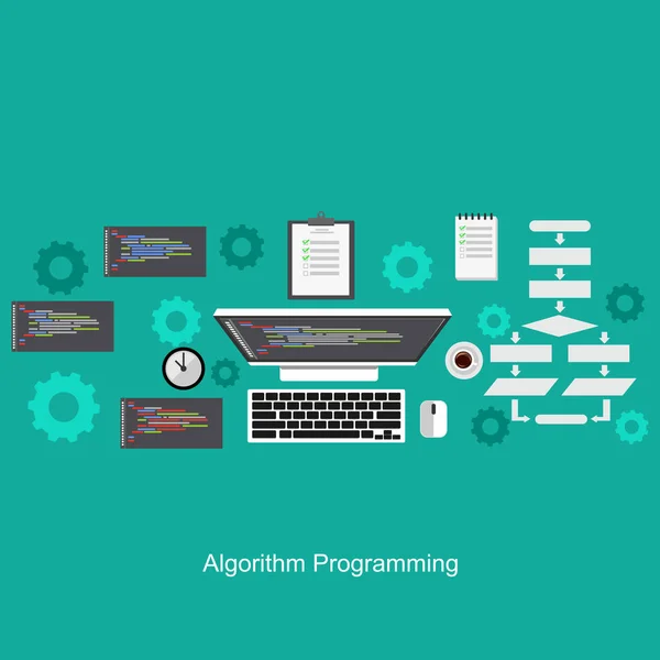 Algoritmus a tervezési koncepciót. Lapos kivitel illusztráció elképzeléseket elemzés, dolgozó, brainstorming, kódolás, programozás és tervezés. — Stock Vector