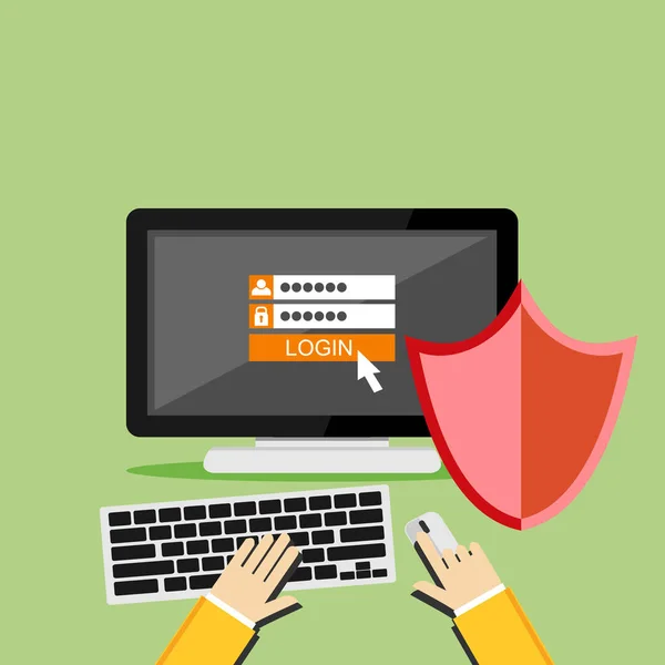 Gebruikersnaam en wachtwoord. De bescherming van de persoonlijke computer. Computer met schild. Antivirus. — Stockvector