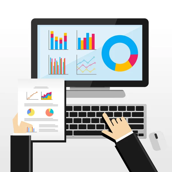 Geschäftsmann, der mit Desktop arbeitet. Geschäftsanalyse und Evaluierungskonzept Illustration. flache Design-Illustrationskonzepte für Unternehmenswachstum, Management, Analyse, Unternehmensstatistik. — Stockvektor