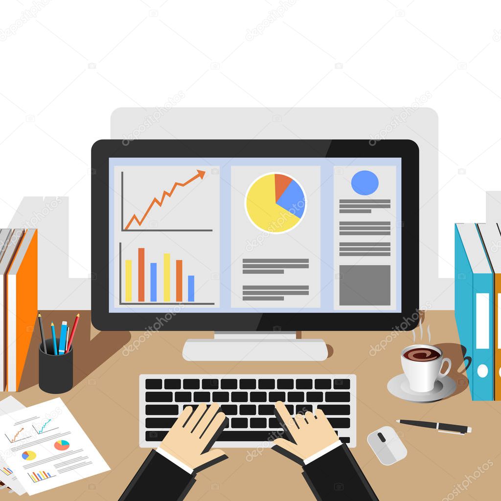 Businessman working with desktop. Business analysis and evaluation concept illustration. Flat design illustration concepts for business growth, management, business statistics, monitoring, workplace