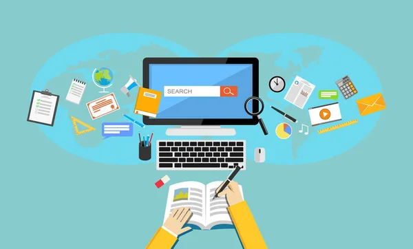 Okul malzemeleri. Ders çalışıyorum. Online eğitim veya e-öğrenme düz tasarlamak.