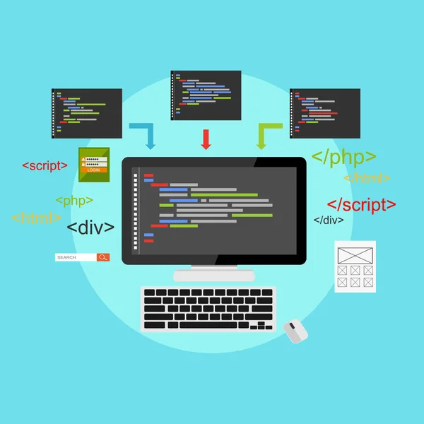 Web 開発の図。フラットなデザイン。コーディング、プログラミング、開発のコンセプト. — ストックベクタ