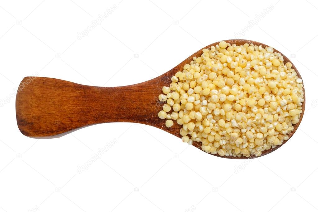 Millet on wooden spoon isolated on white background. Top view.