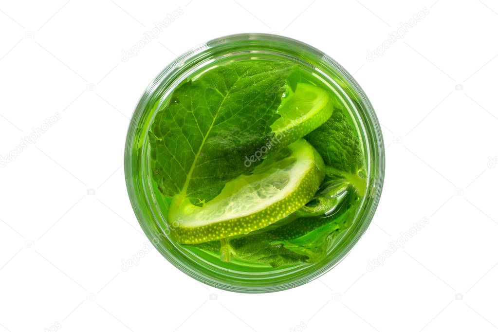 Fresh green drink in a glass with mint. View from above.