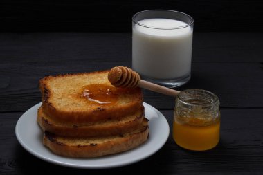 Beyaz bir tabak, bir bardak süt ve bir kavanoz bal bal kaşıkla tost