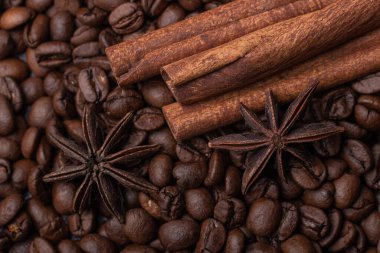 Üç tarçın çubuğu ve kahve çekirdeğinin arka planına karşı bir yıldız anason.