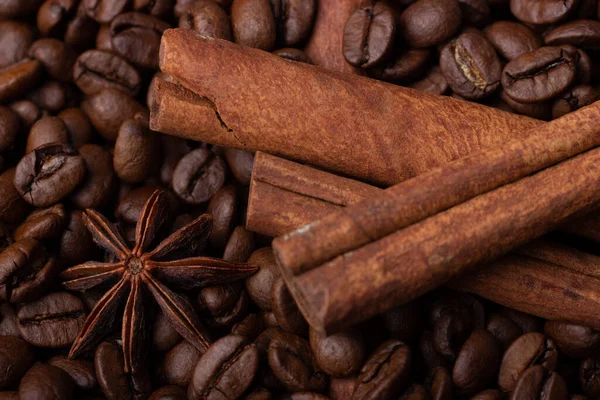 stock image Star anise and cinnamon sticks on coffee beans