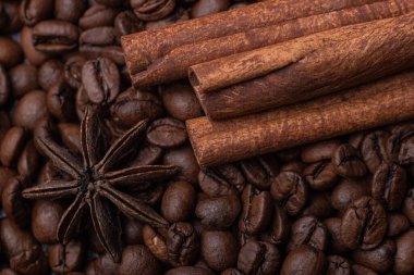 Üç tarçın çubuğu ve kahve çekirdeğinin arka planına karşı bir yıldız anason.
