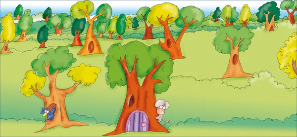 Forêt avec piège à souris derrière un arbre, mascotte — Photo