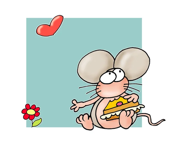 Mała mysz jedzenie ciasto na zielonym tle — Zdjęcie stockowe