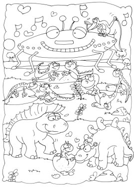Bir ufo dinozorlar ile renklendirmek için çizgi çizme