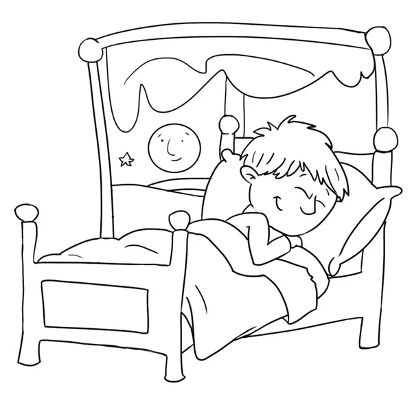 図面着色部の目覚まし時計で赤ちゃんに赤ちゃんのベッドで眠っています。 — ストック写真