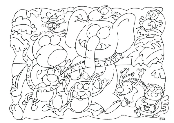 Teckningar att färglägga en elefant med vänner — Stockfoto