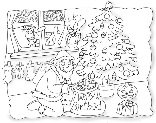Dibujos con decoración navideña salpicada de colores que adorna un árbol y un alce en la ventana — Foto de Stock