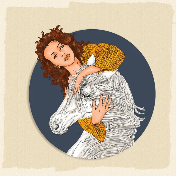 Η γυναίκα ή το άλογο με φόντο τη νύχτα — Φωτογραφία Αρχείου