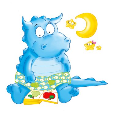 Il piccolo drago con Luna ve stelle legge un libro