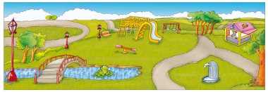 senaryo del Parco, alberi, lagoi, Eleenti, parcogiochi, scivolo