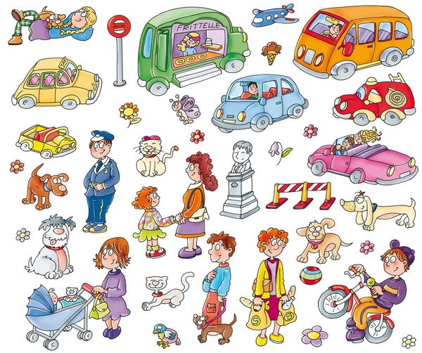 Adesivi con persone auto, cani, furgone delle frittelle, oggetti — Zdjęcie stockowe