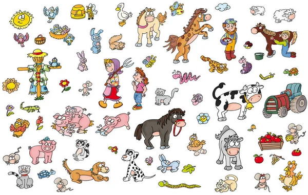 Animali della fattoria con contadini molti cavalli, galline e maiali.