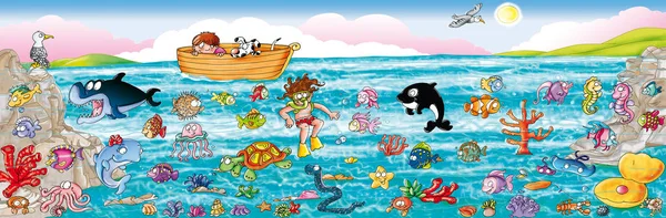 Fondo marino, pesci animali marini, polipo, medusa, barca, orca, delfini, bambini, crostacei, conchiglie balena —  Fotos de Stock