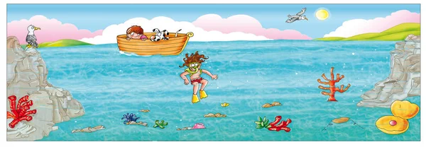 Fondo marino, pesci animali marini, polipo, medusa, barca, con bambino e cane. — Stockfoto
