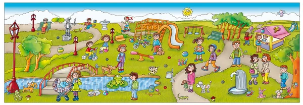 Scenografia del  parco, con bambini e persone, alberi,lago ,elementi, parcogiochi,scivolo. — Stock Photo, Image