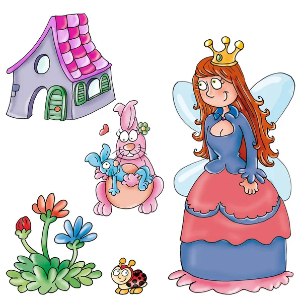 Adesivi di elfa Principessa, con animali fatati, coniglio con corona e cambio vestiti — Stok fotoğraf
