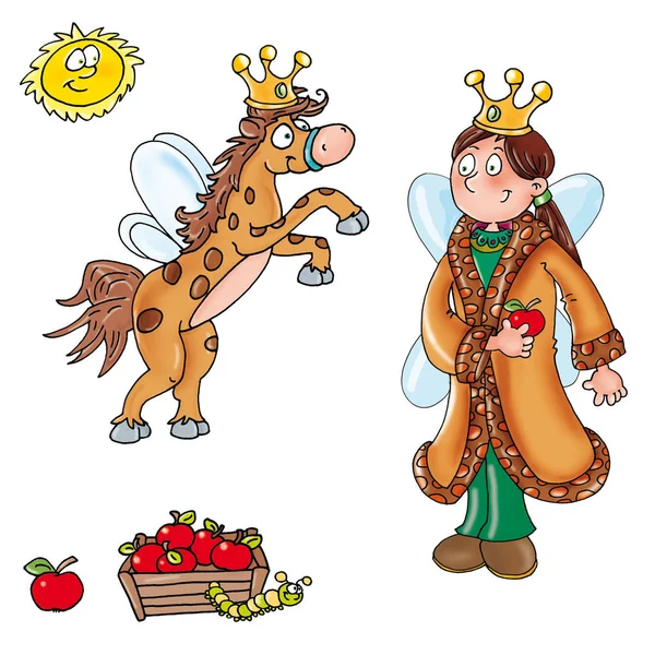 Adesivi di elfo il re con mela in mano animali fatati, cavallo con corona e cambio vestiti — Stok fotoğraf