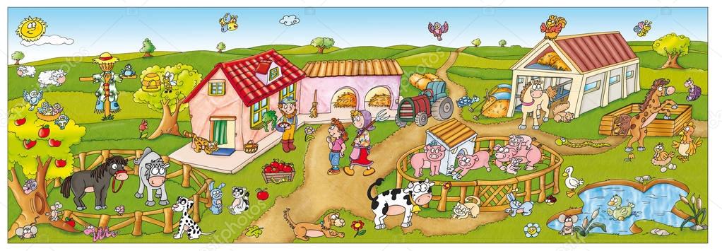  fattoria con contadini, cavalli, galline,  maiali, sole,cani, conigli, nido uccelli,