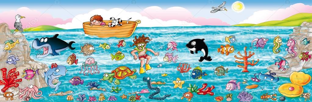 fondo marino, pesci animali marini,polipo,medusa, barca,orca,delfini,bambini,crostacei,conchiglie balena