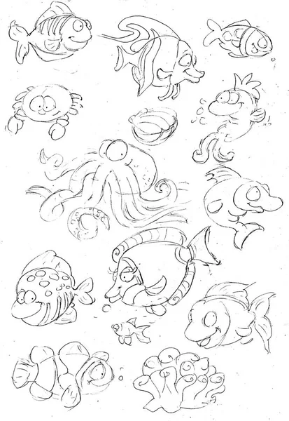 Sea fish pencil sketches — Stock Photo, Image