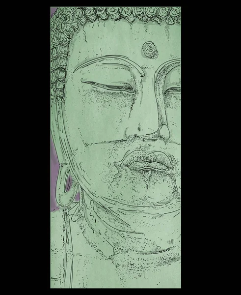 A buddha drawn to the stretch with a green background