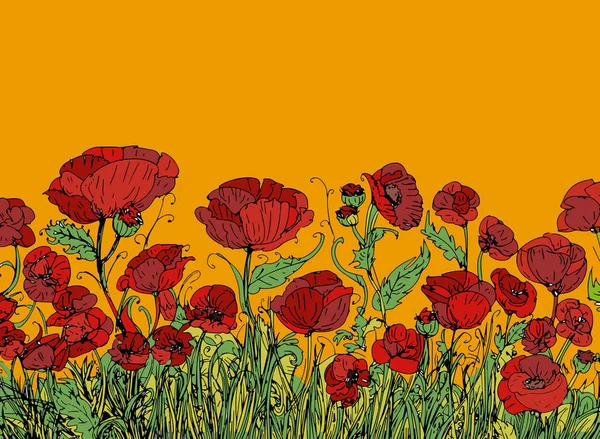 Field of red poppies with purple background yellow — Stock Photo, Image